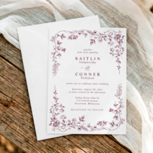 Invitation Mariage Floral Vintage Rouge Vin Foncé Français