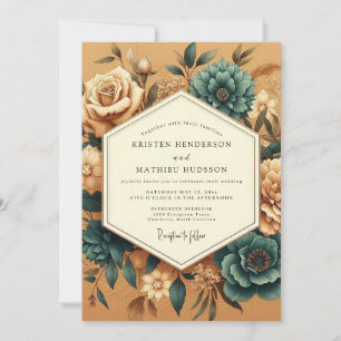 Invitation Mariage floral vintage sarcelle et souci