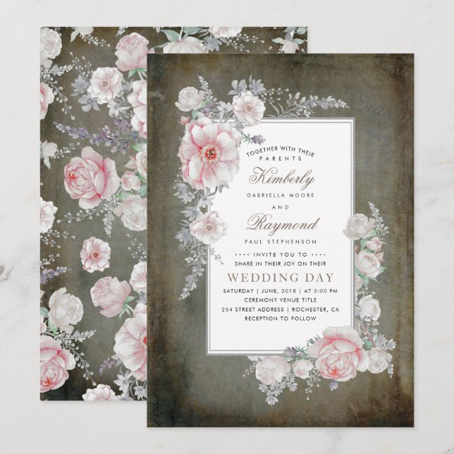 Invitation Mariage floral Vintage Shabby en état de détresse (Devant / Derrière)