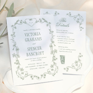 Invitation Mariage floral vintage tout-en-un vert sauge