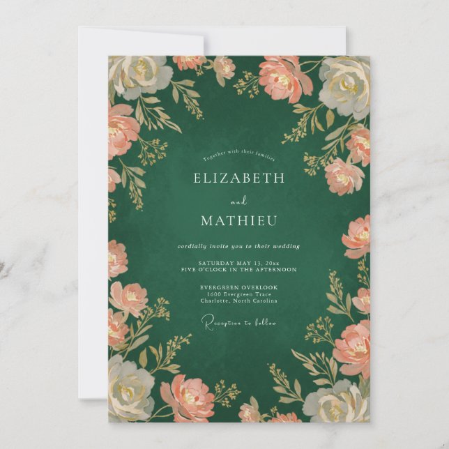 Invitation Mariage Floral Vintage Vert Profond (Devant)