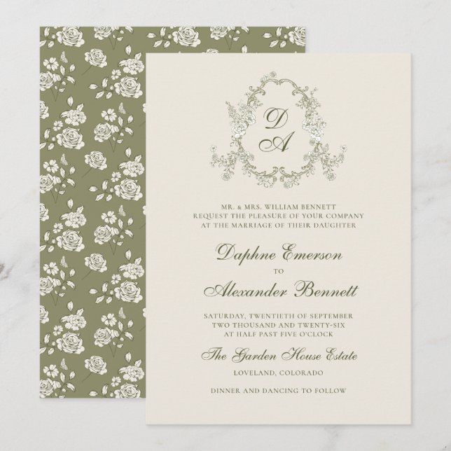 Invitation Mariage Floral Vintage Vert Sauge (Devant / Derrière)