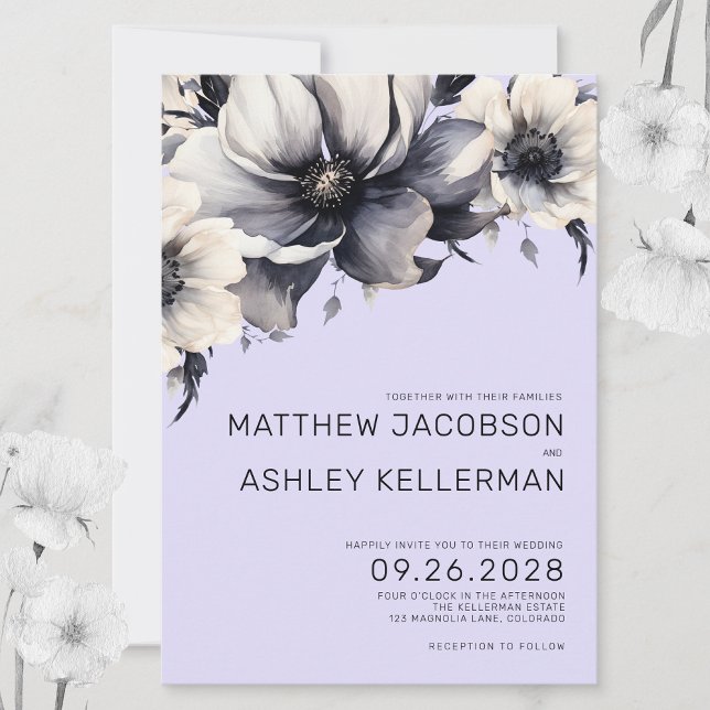 Invitation Mariage Floral Violet Aquarelle Moderne (Chic Modern Lilac Lavender Purple Floral Wedding Invitation)