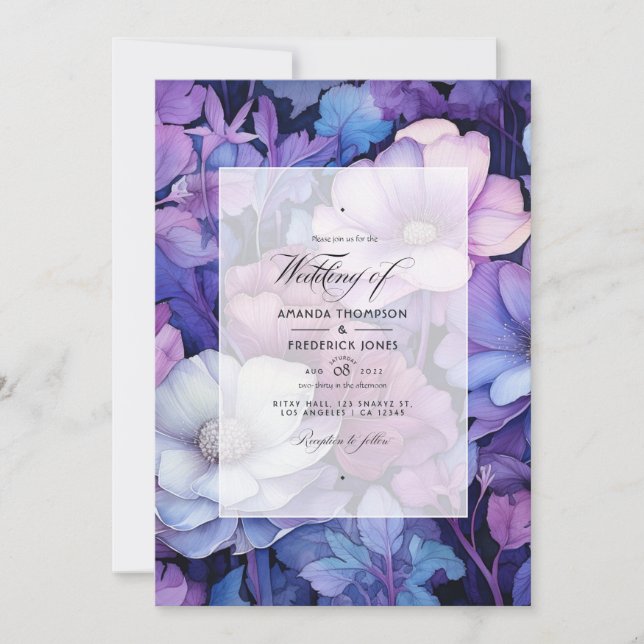 Invitation Mariage floral violet, argent et bleu (Devant)