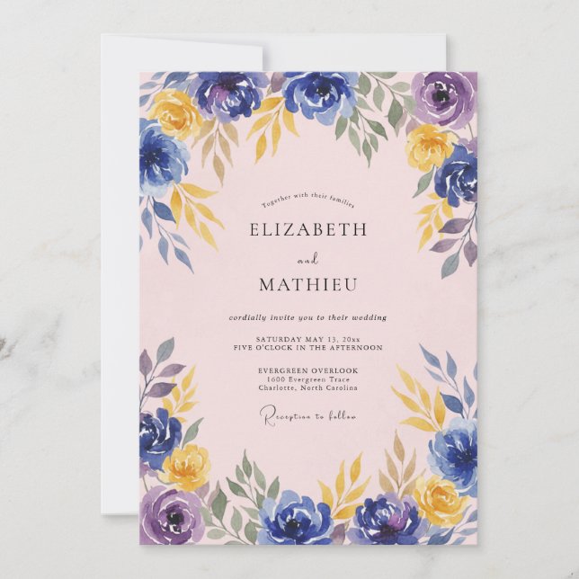 Invitation Mariage Floral Violet Bleu (Devant)
