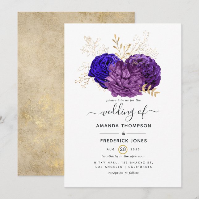 Invitation Mariage floral violet, bleu royal et or (Devant / Derrière)