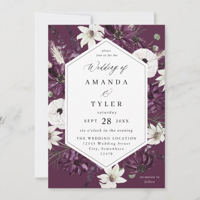 Invitation Mariage Floral Violet et Blanc - Violet V2 (Devant)