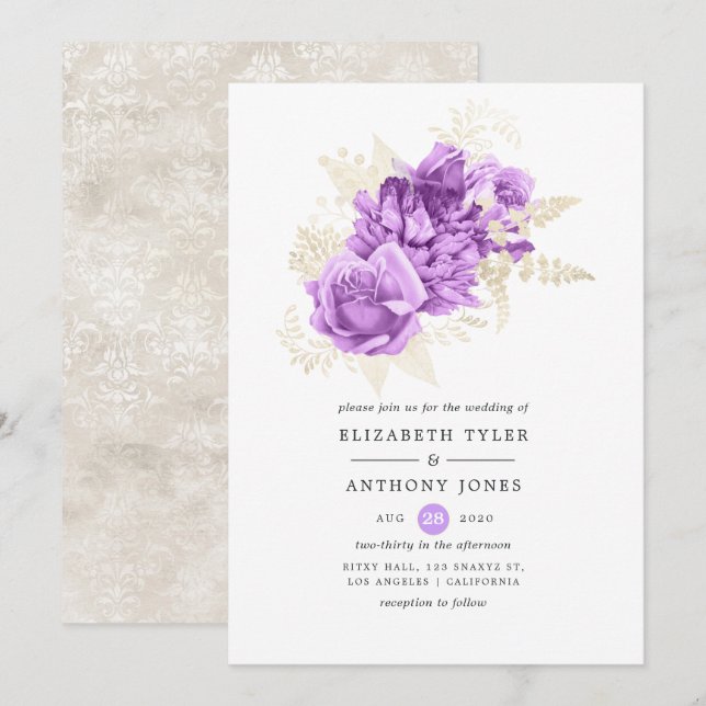 Invitation Mariage floral violet et ivoire (Devant / Derrière)