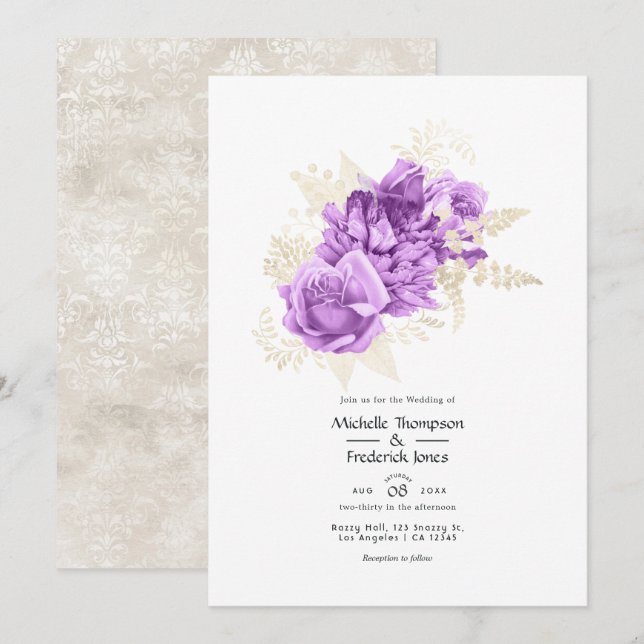 Invitation Mariage floral violet et ivoire (Devant / Derrière)