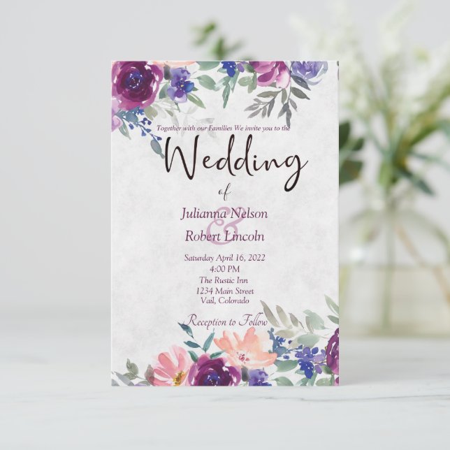 Invitation Mariage floral violet et orange invita (Debout devant)