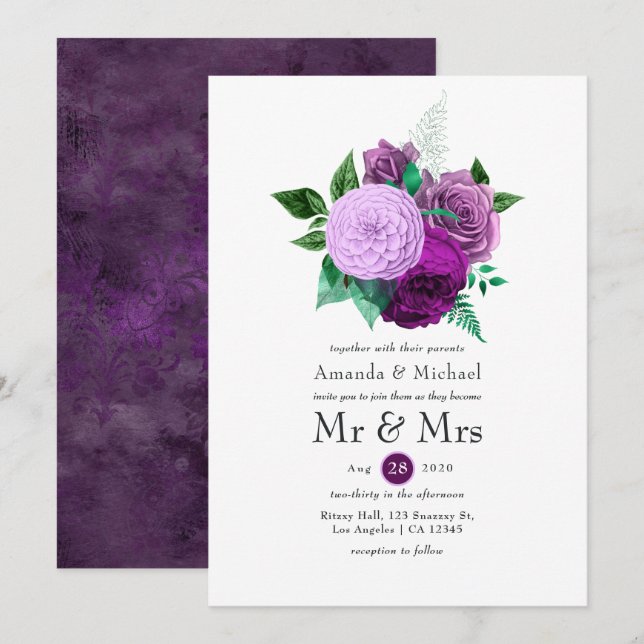 Invitation Mariage floral violet et vert (Devant / Derrière)