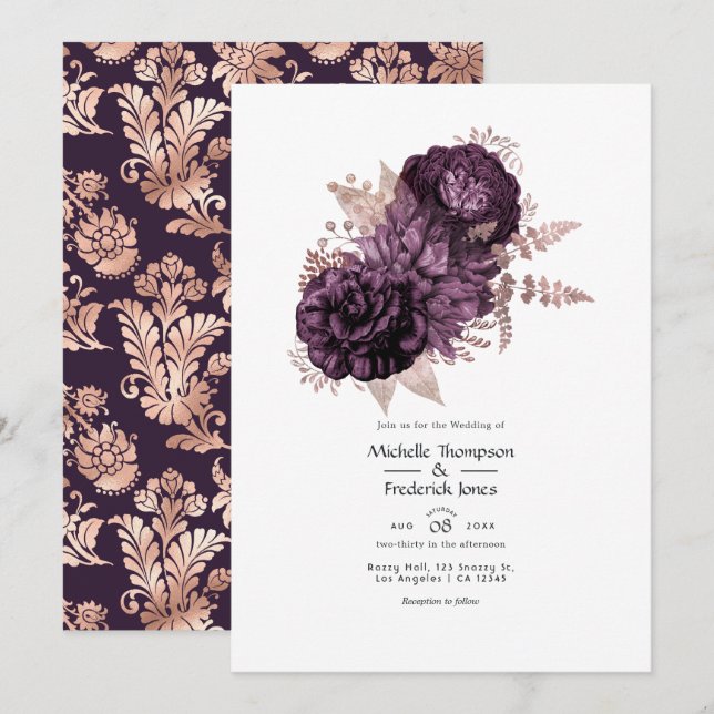 Invitation Mariage floral violet foncé et or rose (Devant / Derrière)