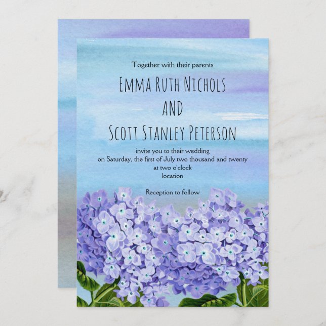 Invitation Mariage floral violet, hydrangée bleue (Devant / Derrière)
