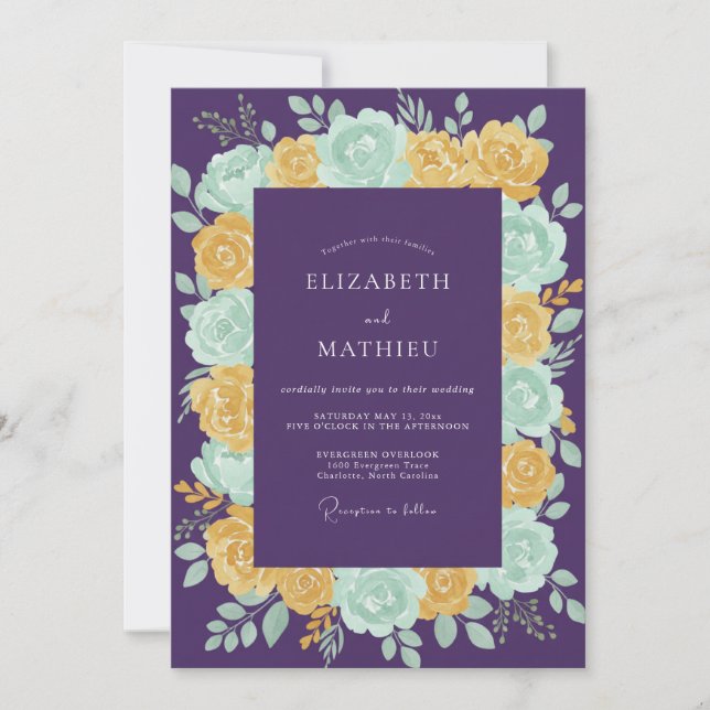 Invitation Mariage Floral Violet Jaune Menthe (Devant)