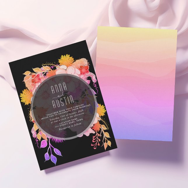 Invitation Mariage Floral Violet Orange et Noir  (Créateur téléchargé)