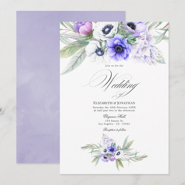 Invitation Mariage Floral Violet Pastel (Devant / Derrière)