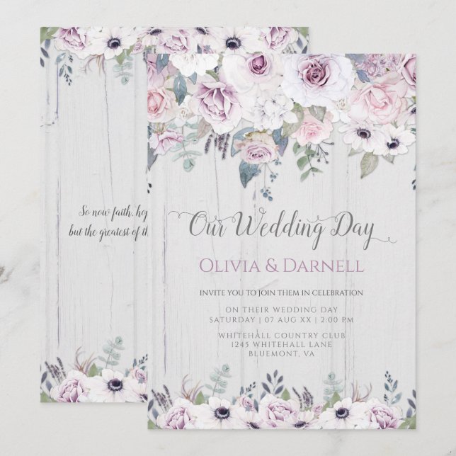 Invitation Mariage Floral Violet Pourpre Lavande Blanc Rustiq (Devant / Derrière)