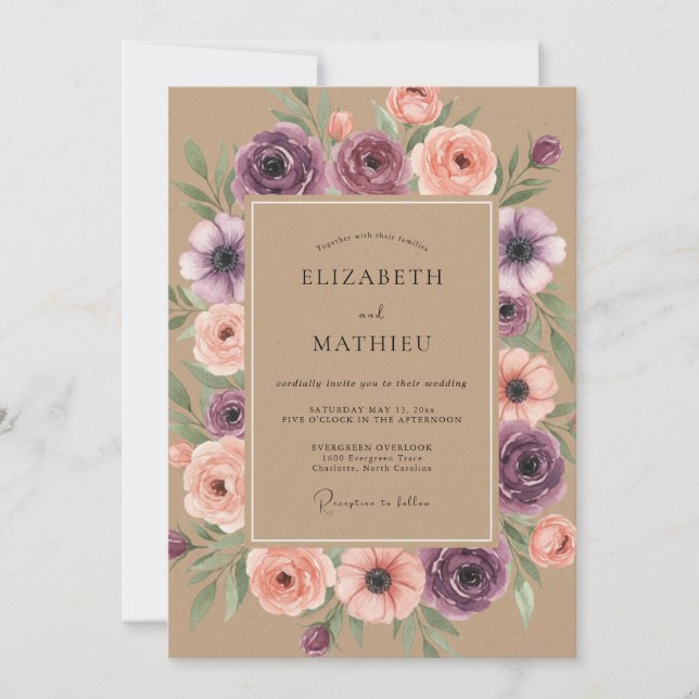 Invitation Mariage Floral Violet Poussiéreux (Devant)