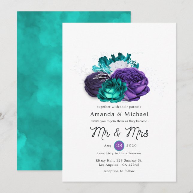 Invitation Mariage floral violet rustique et turquoise (Devant / Derrière)