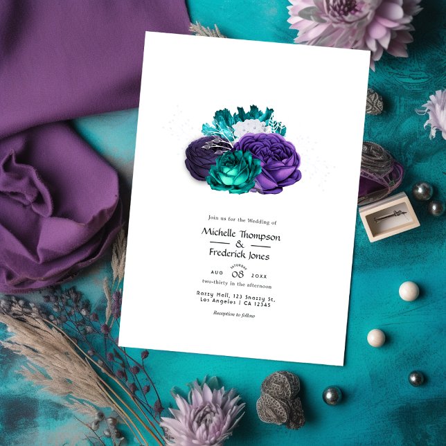Invitation Mariage floral violet rustique et turquoise (Créateur téléchargé)