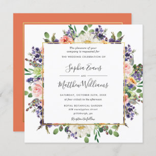 Invitation Mariage floral violet vibrant de Pêche ivoire Blus