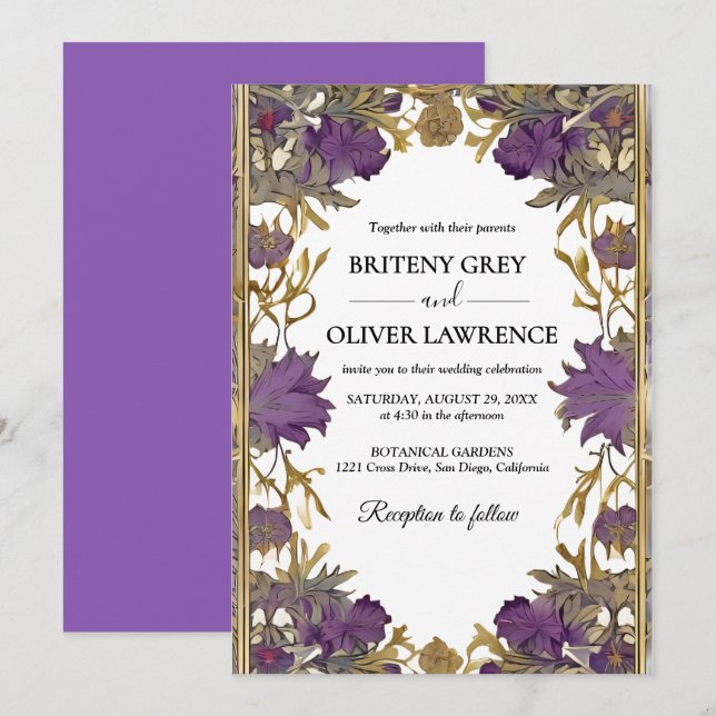 Invitation Mariage floral violet vintage William Morris (Devant / Derrière)