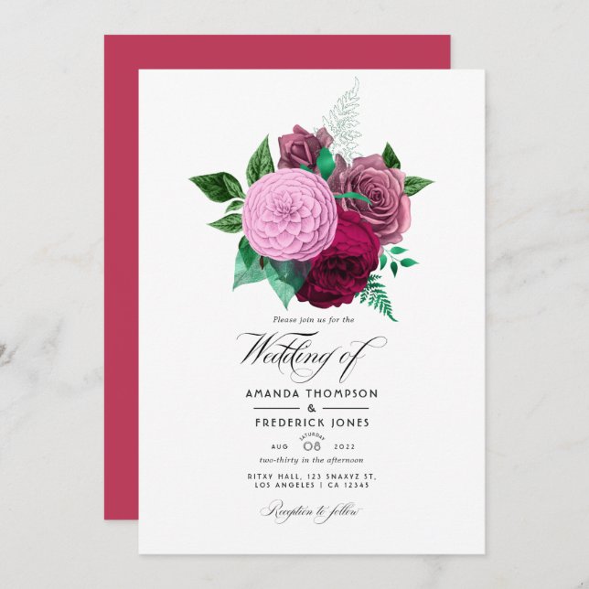 Invitation Mariage floral Viva Magenta (Devant / Derrière)