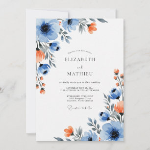 Invitation Mariage Floral Vivid Bleu Orange