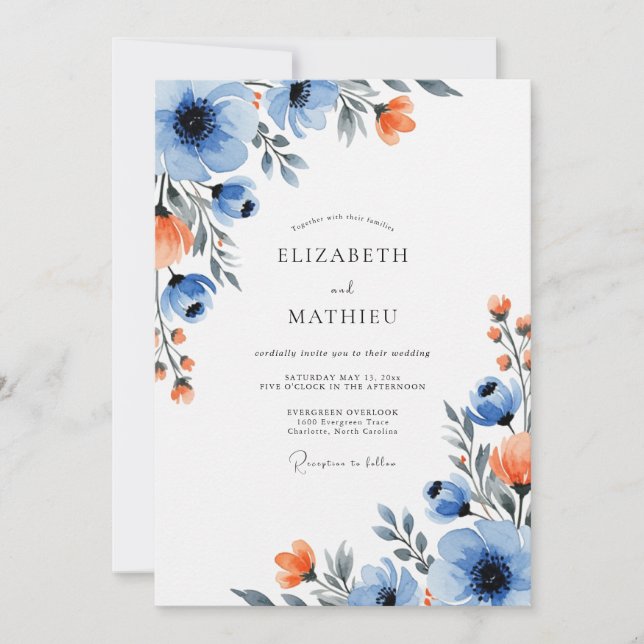 Invitation Mariage Floral Vivid Bleu Orange (Devant)