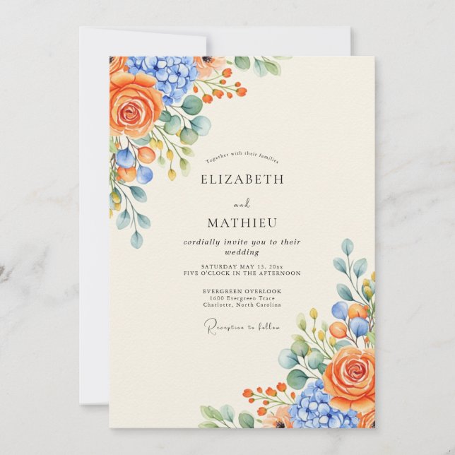 Invitation Mariage Floral Vivid Periwinkle Orange (Devant)