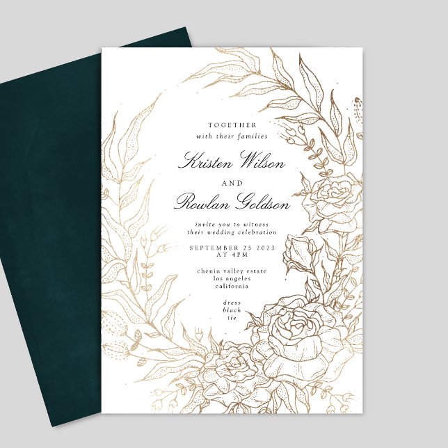 Invitation Mariage Floral Wreath White Black Emerald Gold (Créateur téléchargé)