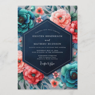Invitation Mariage Florale Chromatique Corail Sarcelle