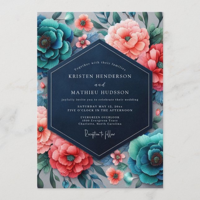 Invitation Mariage Florale Chromatique Corail Sarcelle (Devant)