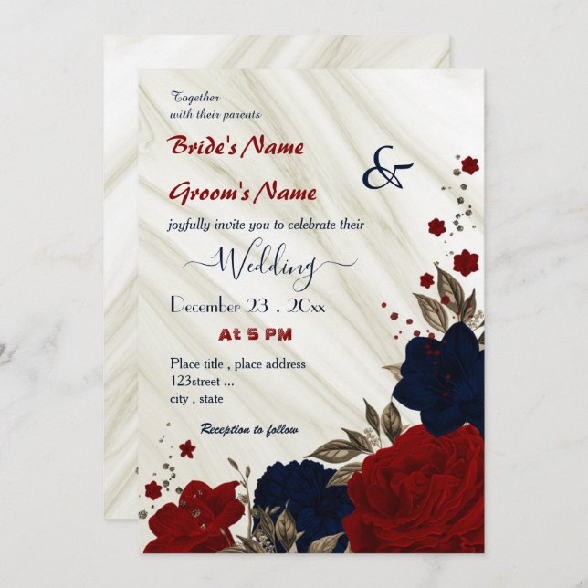 Invitation mariage florale rouge et bleu marine (Devant / Derrière)