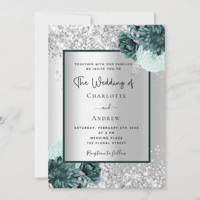 Invitation Mariage floraux vert argent (Devant)