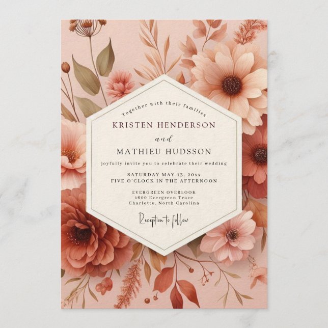 Invitation Mariage Flore Automnale Rose (Devant)