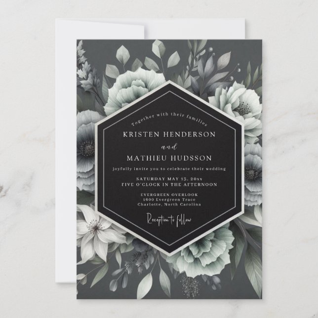 Invitation Mariage Flore Clair de Lune au Charbon (Devant)
