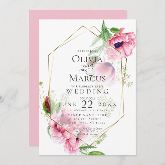 Invitation MARIAGE | Flore de pavot rose printanier (Devant / Derrière)
