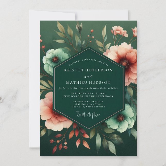 Invitation Mariage Flore de Pêche Émeraude (Devant)