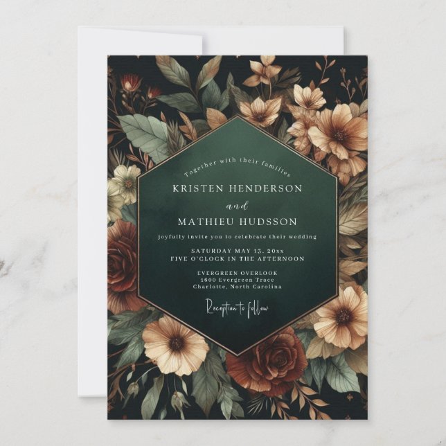 Invitation Mariage Flore Émeraude Clair-obscur (Devant)