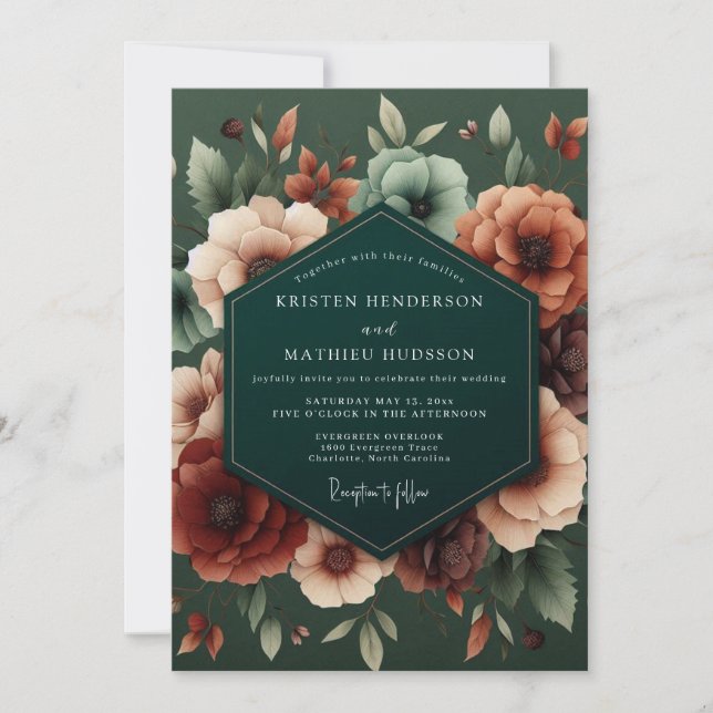Invitation Mariage Flore Luxuriante Émeraude Russet (Devant)
