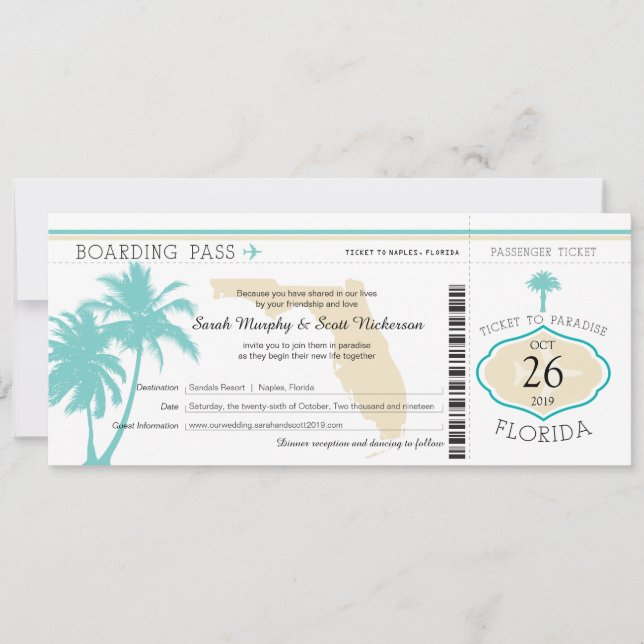 Invitation Mariage Florida Palm Tree Boarding Pass (Devant)