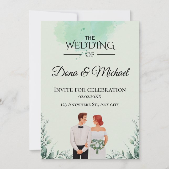 Invitation Mariage fluide aquarelle verte personnalisée (Devant)