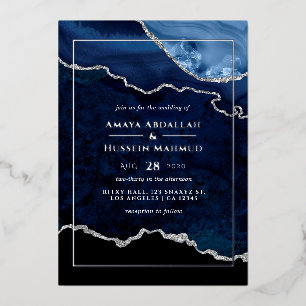 Invitation Mariage Foil  de la Marine Blue and Sil