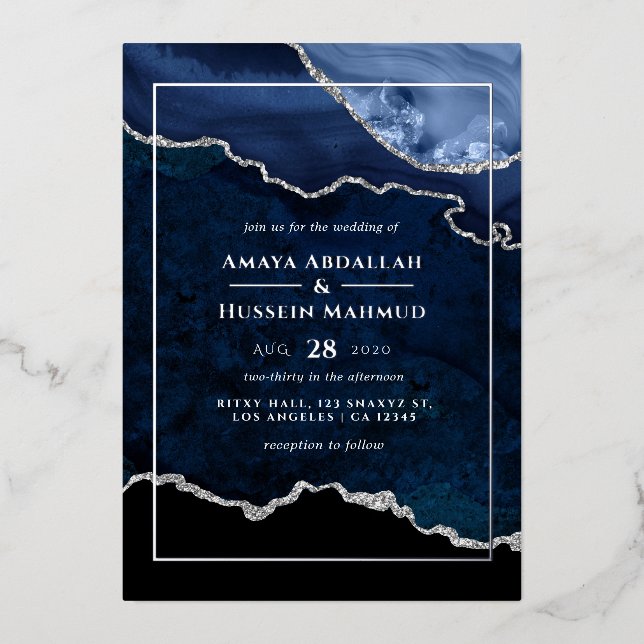 Invitation Mariage Foil  de la Marine Blue and Sil (Recto)