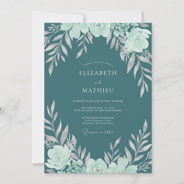 Invitation Mariage foncé aqua ranunculus eucalyptus (Devant)