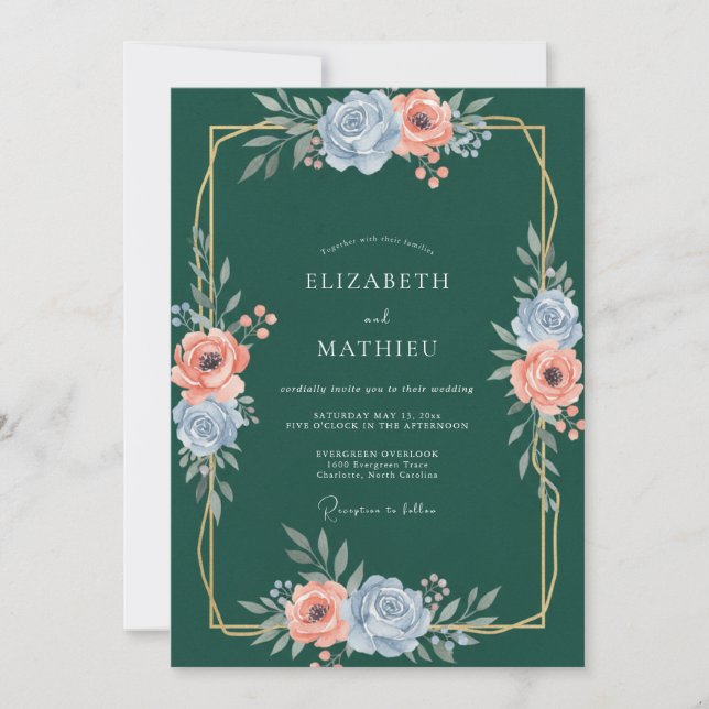 Invitation Mariage Foncé sarcelle Or Ranunculus Gris Eucalypt (Devant)
