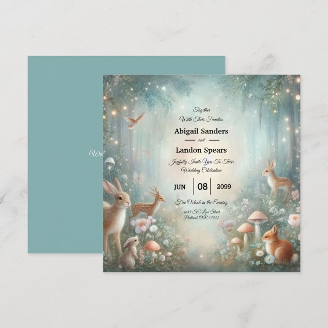 Invitation Mariage forestier turquoise et de pêche enchantée (Devant / Derrière)