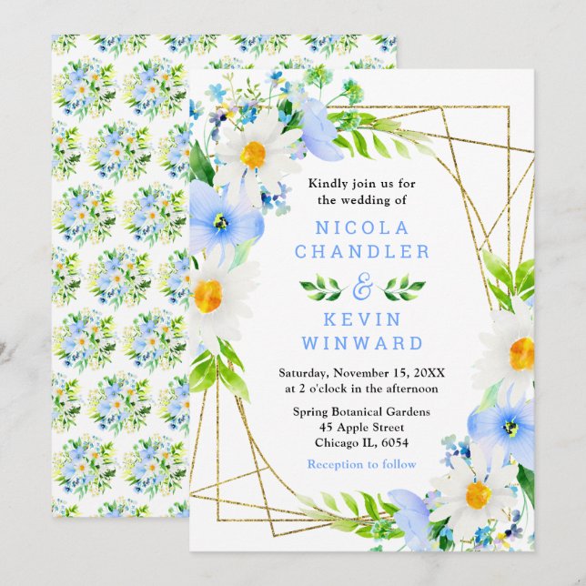 Invitation Mariage Forget-Me-Nots et Pâquerettes (Devant / Derrière)