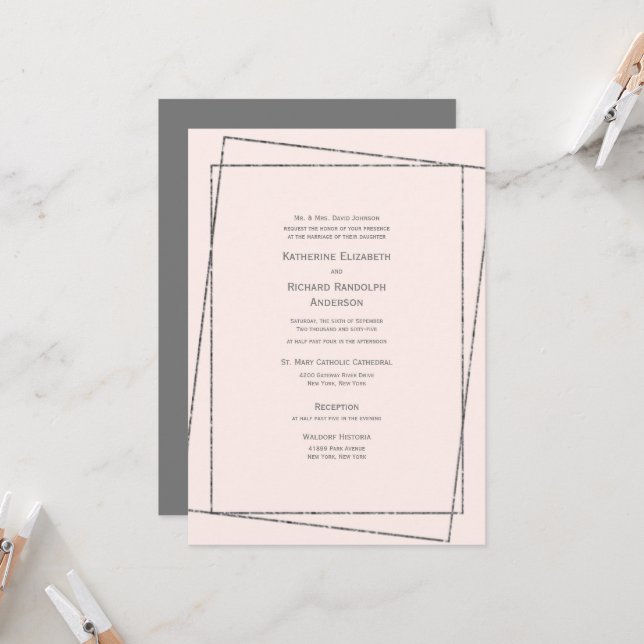 Invitation Mariage Formal & Élégant Rose & Argent (Devant/Arrière en situation)